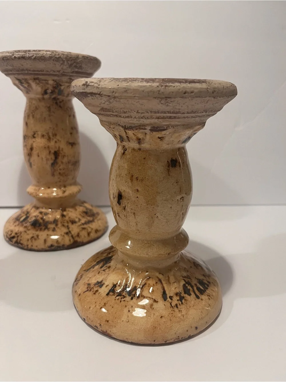 Vintage French Glazed Terracotta Pillar Candleholders Set of 3 Rare